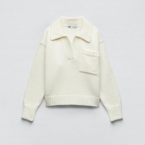 Zara Thick Knit Cream Cropped Sweater With Pocket Women Medium - Picture 1 of 2